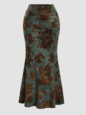 Women's Vintage Elegant Flocked Print Fish Tail Skirt For Autumn/Winter